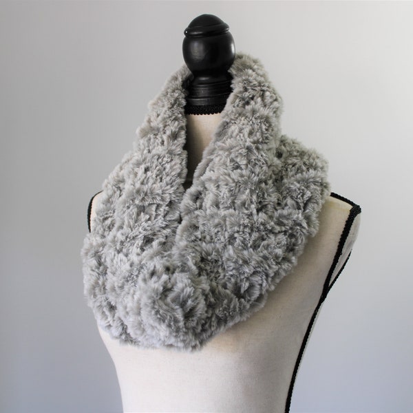 Soft Gray Faux Fur Cowl, Cozy Knitted Vegan Fur Scarf, Warm Winter Scarf