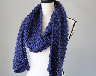 Dark Blue Knitted Scarf, Thick Chunky Navy Scarf, Warm Winter Accessory, Vegan Friendly Scarf