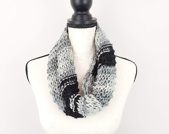 Lightweight Gray Knitted Cowl / Black and Gray Striped Scarf / Light Hand Knit Cowl / Soft Transition Scarf