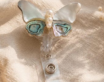 Mother of Pearl Butterfly Badge Reel, Elegant Retractable ID Holder, Nurse Teacher Badge Clip Gift