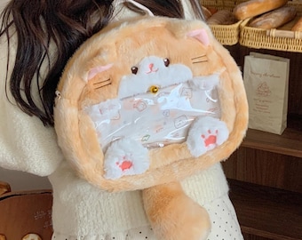 Plüsch Katze Ita Tasche, Ingwer Neko Rucksack, Weiches Polyester, Pin Schaufenster, Orange Tabby Kätzchen Geldbörse, für Anime Emaille Pin Sammler Geschenk
