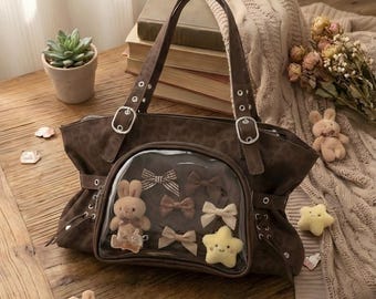 Leopardenmuster Ita Bag, Y2K Gyaru Tote, Braunes PU-Leder, Doppelfenster-Pin-Display, Schultertasche, Grunge-Punk-Ästhetik, Anime-Abzeichen Geschenk