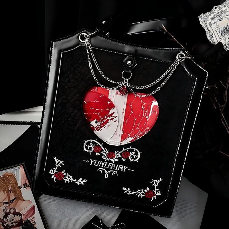 Jirai Kei Ita Bag Backpack, Dark Coquette Pin Display, Gothic Rose