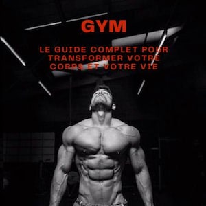 Peut inclure: Image en noir et blanc d'une personne musclée regardant vers le haut. Le mot "GYM" est en rouge, avec du texte en français en dessous. Des anneaux de gymnastique sont suspendus au plafond. L'image promeut le fitness.