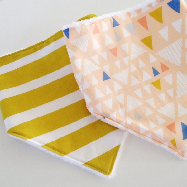 Bandana Bib -Mustard Yellow Stripe and Peach Triangle Combo