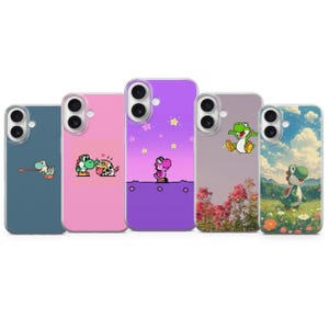 May include: Five phone cases with colourful designs featuring a cartoon dinosaur character. The cases are in shades of blue, pink, purple, grey, and light blue. Each case has a different design of the character.