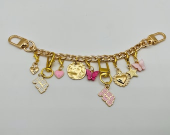 Cadena para bolso con dije - Accesorio para bolso de diseño - Dorado y rosa (Variación 2)