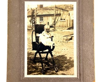Antique CDV Photo Baby In Stroller Rustic Rural Farm Scene Horse Laundry 1870s