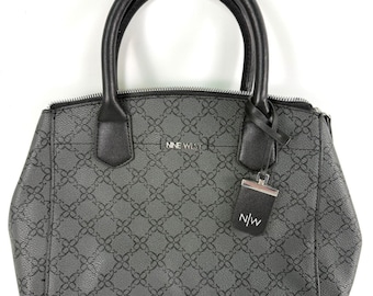 Nine West Dark Gray / Black Handbag Purse Silver Zipper Logo 3-Compartment Tote
