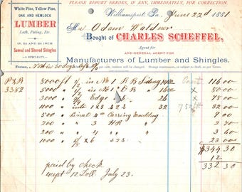 1887 Charles Scheffel Lumber Receipt Williamsport PA Letterhead