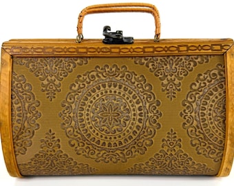 Vintage Wooden Box Purse Mid Century Embossed Leatherette Carved Frame Handbag