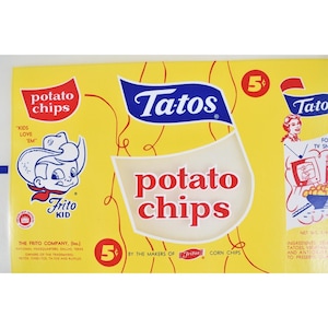 May include: A yellow Tatos potato chips bag featuring the Frito Kid mascot in a cowboy hat, red text reading potato chips, a 5 cent price mark, and the Frito Company branding. The design includes blue and red accents with vintage graphics.