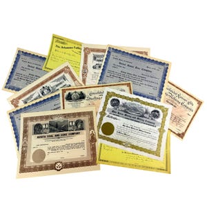 May include: A collection of vintage stock certificates, featuring various designs and colors. The certificates include text such as "United States Zinc Company" and "Rosita Coal and Coke Company". The certificates are arranged on a white background.