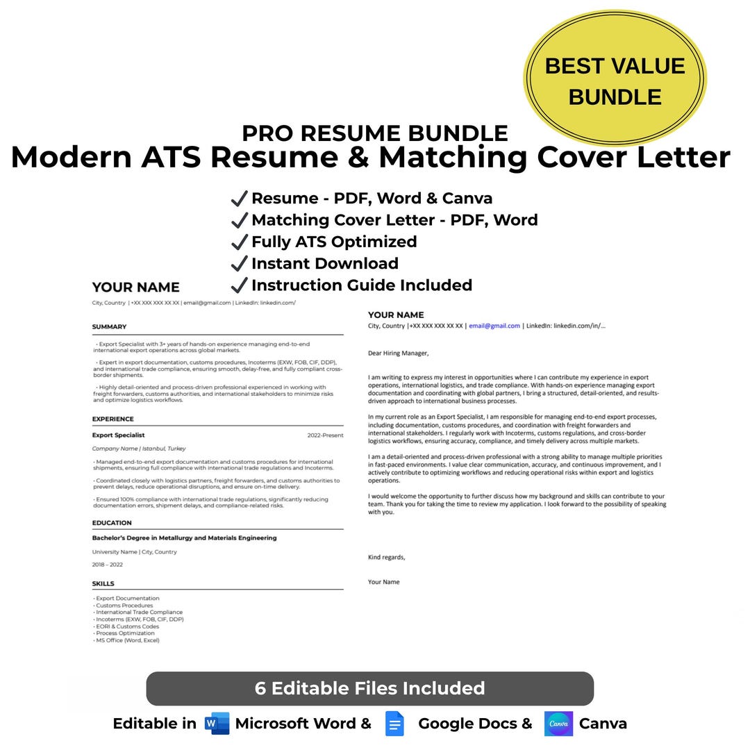 ATS Resume Template Bundle | Modern CV and Cover Letter | Canva & Word ...