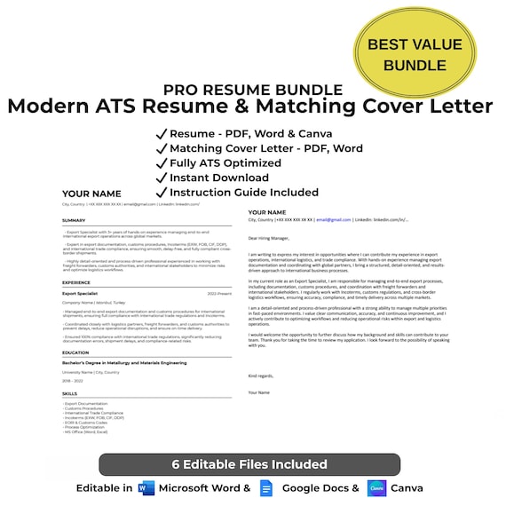 ATS Resume Template Bundle | Modern CV and Cover Letter | Canva & Word Editable | Professional Job Application | Instant Download