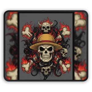 May include: A black mousepad featuring a skull wearing a straw hat, surrounded by flames, crossbones, and tentacles. Additional skulls are present. The design is in shades of gray, red, and yellow.