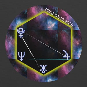 May include: A circular sticker featuring a nebula background in shades of purple, blue, and black. A yellow hexagon outlines a central black area containing white astrological symbols and thin white lines. The text 07/17-07/21, 2026 is printed in white.