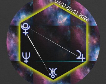 May include: A circular sticker featuring a nebula background in shades of purple, blue, and black. A yellow hexagon outlines a central black area containing white astrological symbols and thin white lines. The text 07/17-07/21, 2026 is printed in white.