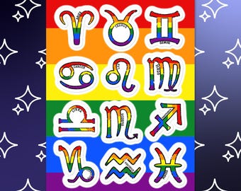 May include: A rectangular sticker sheet featuring a rainbow-colored background with twelve white-bordered zodiac symbols, each filled with a rainbow gradient pattern. The text includes the names of the signs, ©2026, and www.guidedgear.com.