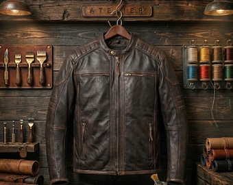 Chaqueta de moto de cuero auténtico para hombre: abrigo clásico de club de motociclistas.