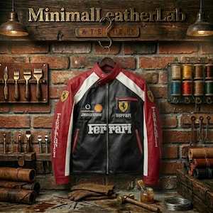 May include: A black, red, and white leather jacket with Ferrari logos and branding is displayed against a brick wall. The jacket has a stand-up collar and a zipper closure. The words "Minimal Leather Lab" are above the jacket.