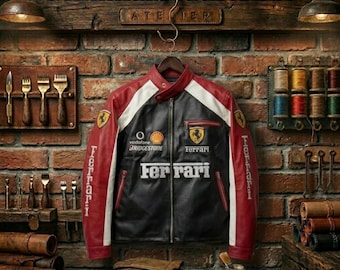 Chaqueta de cuero de carreras Ferrari F1 vintage de los 90, estilo motero urbano y de deportes de motor.
