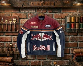 Chaqueta de cuero Red Bull Racing hecha a mano – Abrigo de motociclista retro de deportes de motor – Ropa urbana de motociclista