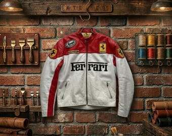 Chaqueta de cuero Ferrari Racing vintage de los 90 – Abrigo de motorista rojo y blanco para deportes de motor