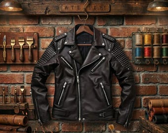 Chaqueta de cuero motera hecha a mano con tachuelas / Abrigo de moto punk rock de piel de vaca auténtica