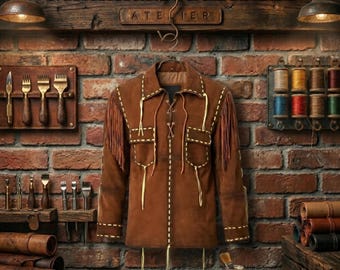Chaqueta de gamuza con flecos estilo nativo americano para hombre - Camisa vaquera occidental de cuero de ciervo marrón - Prendas de abrigo de herencia tradicional