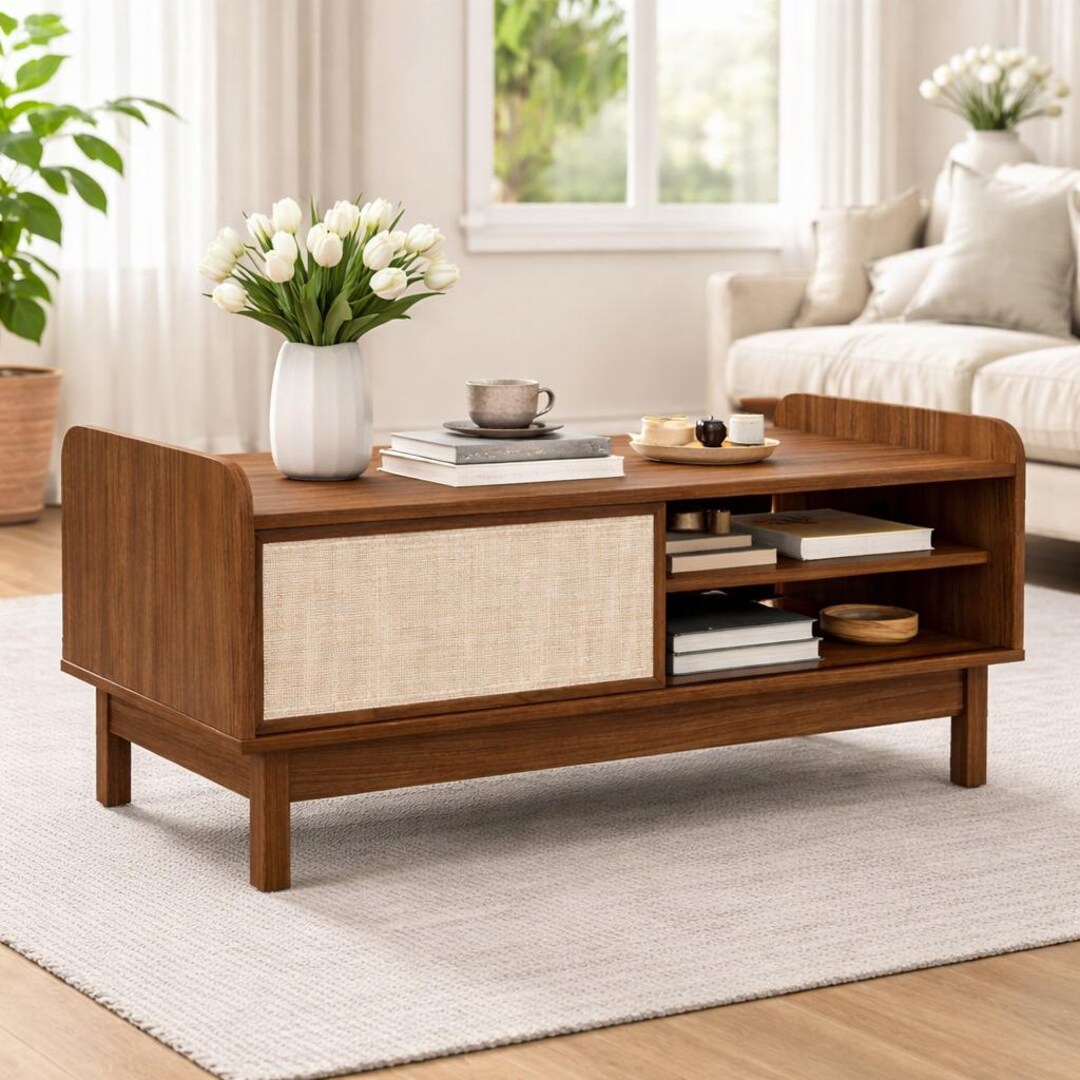 Walnut Coffee Table With Storage, Mid Century Modern Coffee Table With ...