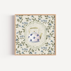 Square Blueberry Teapot Printable Wall Art | Cottage Kitchen Printable | Vintage Tea Pot Illustration