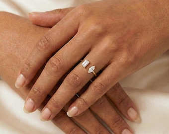 Bague toi et moi délicate, bague marquise et émeraude, alliance ouverte, bague de tous les jours, bague faite main, cadeau pour le lundi, bague en or 14 carats, cadeau pour elle