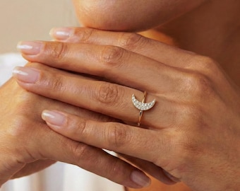 Bague lune en moissanite, bague en or massif 14 carats, bague en diamants pavé, bague d'anniversaire, bijoux de mariée, cadeau de mariage, cadeau d'anniversaire pour elle,