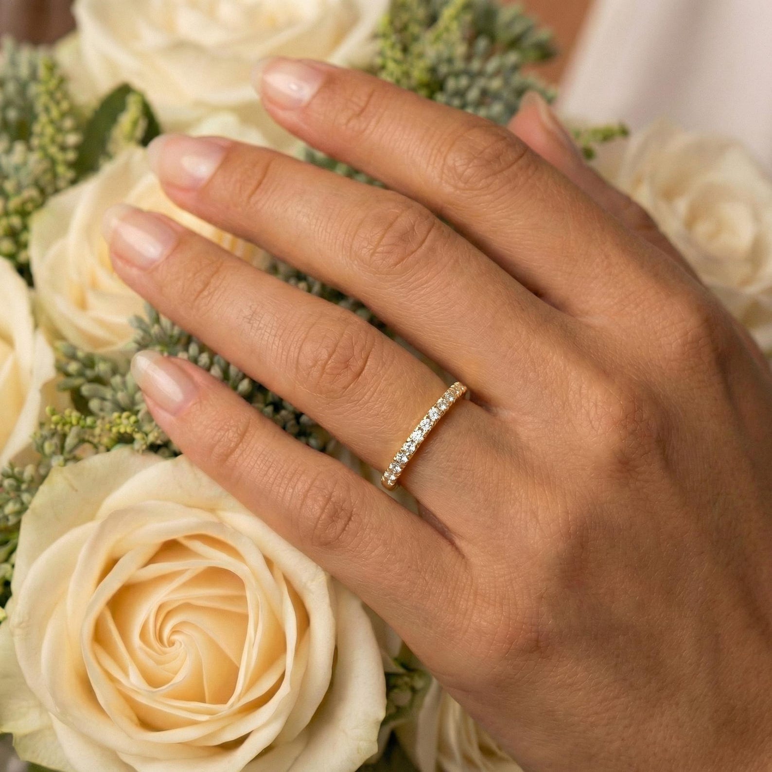 Dainty Moissanite Half Eternity Ring, 14k Gold Wedding Band, Pave ...