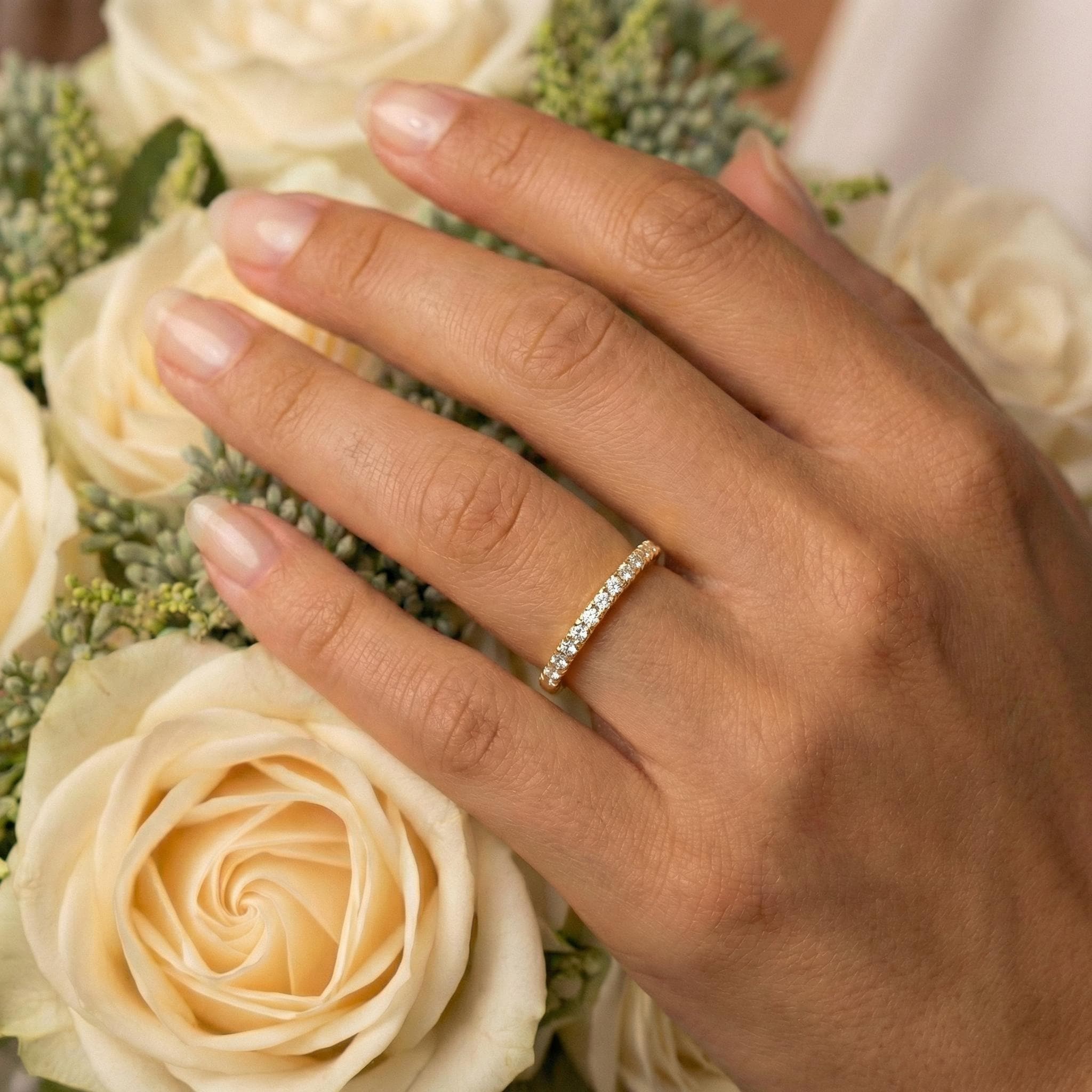 Dainty Moissanite Half Eternity Ring, 14k Gold Wedding Band, Pave ...