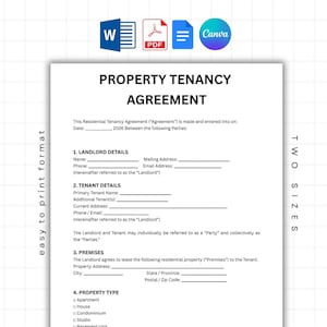 May include: A white document titled "PROPERTY TENANCY AGREEMENT" with fillable fields for landlord and tenant details. The document includes sections for premises and property type. Icons for Word, PDF, and Canva are in the top corner.
