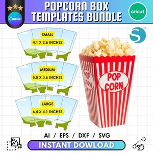 Könnte beinhalten: Popcorn-Box-Vorlagen-Bundle in drei Größen: klein 10,4 x 6,6 cm, mittel 14,0 x 9,1 cm und groß 16,3 x 10,4 cm. Enthält eine rot-weiß gestreifte Popcorn-Box-Grafik mit dem Text POP CORN sowie die Dateiformate AI, EPS, DXF und SVG.