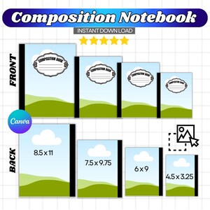 May include: A collection of composition notebooks with a landscape design, featuring a blue sky, green hills, and white clouds. The notebooks come in various sizes, including 8.5 x 11 inches, 7.5 x 9.75 inches, 6 x 9 inches, and 4.5 x 3.25 inches. The text "Composition Notebook" is displayed at the top.