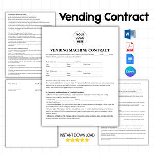 May include: A Vending Machine Contract template with the text "Vending Contract" in large, bold letters. The document includes sections for parties involved, placement of machines, and other legal details. Icons for Word, PDF, and Canva are also visible.