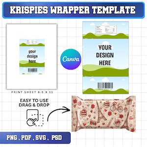 May include: A digital template for a Krispies wrapper featuring a blue sky and green hills design with placeholders for text, a nutrition label, and a barcode. Includes a Canva logo, drag and drop instructions, and a sample wrapper with a red Paris theme.
