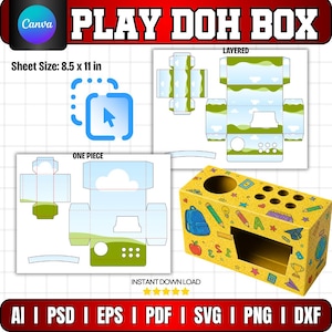 Puede incluir: Una caja de plastilina amarilla con ilustraciones escolares, incluyendo una mochila, lápices y una manzana. La imagen también muestra plantillas imprimibles de cajas con diseños de nubes y paisajes. El tamaño de la hoja es de 21,6 x 27,9 cm.