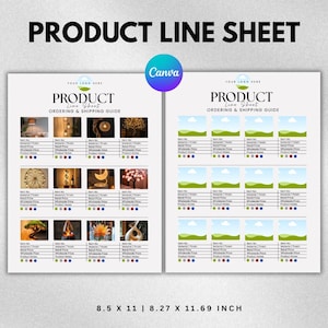以下が含まれることがあります： PRODUCT LINE SHEETおよびORDERING & SHIPPING GUIDEというテキストが記載された白い製品ラインシートテンプレート。画像、商品番号、素材、小売価格、卸売価格、メモ用のプレースホルダーを備えたグリッドレイアウト。21.59 x 27.94 cm。