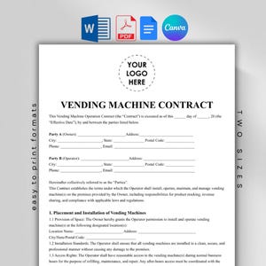 May include: A white vending machine contract template with the text "VENDING MACHINE CONTRACT". The document includes fields for owner and operator information, and terms for machine placement and maintenance. Includes Canva, PDF, and Word icons.