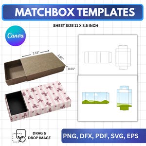 May include: Matchbox templates on an 11 x 8.5 inch sheet. Includes a brown cardboard box and a pink striped box with bows, plus digital line art diagrams. Dimensions are 2.15 x 1.65 x 0.65 inches. File formats include PNG, DFX, PDF, SVG, and EPS.