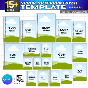 Spiral Notebook Cover Canva Templates, 16 Sizes, Back To School Composition Notebook Canva Frame Template, Drag and Drop, Digital Download