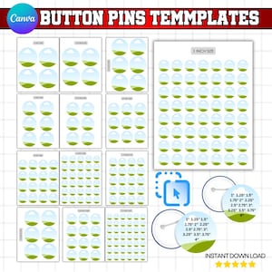 May include: A digital template sheet for button pins featuring the text BUTTON PINS TEMMPLATES. The layout includes multiple grids of circular landscape graphics labeled with sizes ranging from 1 inch to 4 inches in imperial measurements.
