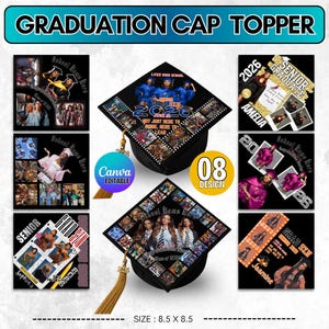Könnte beinhalten: Schwarzer Abschlusskappen-Topper mit einer Collage von Fotos, dem Text "Graduation Cap Topper" und dem Jahr "2026". Das Design ist 21,6 x 21,6 cm groß und Canva-editierbar. Enthält eine Quaste und die Worte "Senior Graduate".