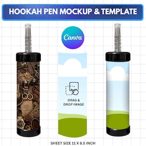 Könnte beinhalten: Eine digitale Hookah-Pen-Vorlage mit dem Text HOOKAH PEN MOCKUP & TEMPLATE und SHEET SIZE 11 X 8.5 INCH. Das Design enthält ein Leopardenmuster mit Zubehör und einen Platzhalter für Drag-and-Drop-Bilder.