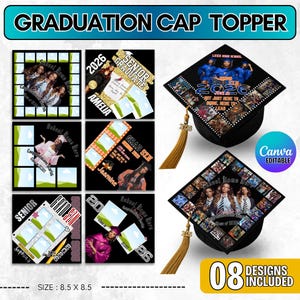 May include: A collection of graduation cap topper designs. The image features multiple designs with photos, text, and the year 2026. The designs include the text "Senior Graduate" and "Grad Szn". The size is 8.5 x 8.5 inches.